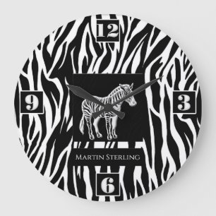 Grande Horloge Ronde "Black and White Striped Zebra Jungle Theme"