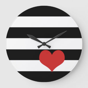 Grande Horloge Ronde Black and White Stripes avec Red Heart
