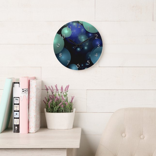Grande Horloge Ronde Black Blue & Green Bubbles (Salle de lecture)