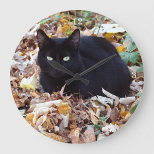 Grande Horloge Ronde Black Cat Autumn Photo Round (Large) Wall Clock