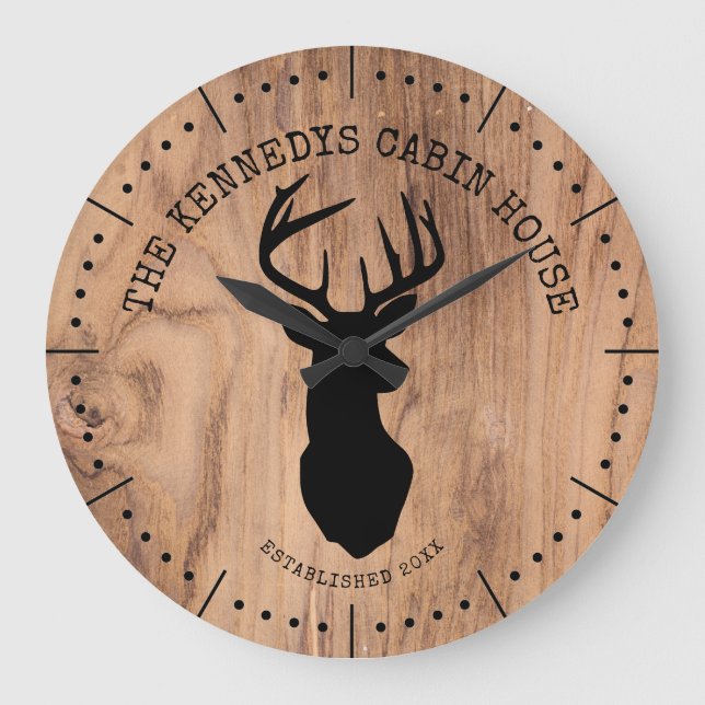 Grande Horloge Ronde Black Deer Family Nom Rustic Wood Cabin (Recto)