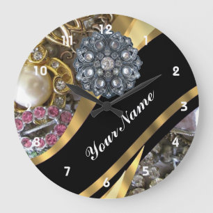 Grande Horloge Ronde Black & gold bling