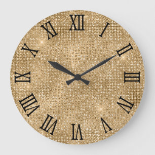 Grande Horloge Ronde Black Roman Numéros Gold Disco Parties scintillant