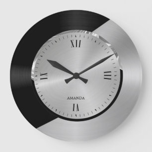 Grande Horloge Ronde Black & Silver Modern Metallic Geometric design