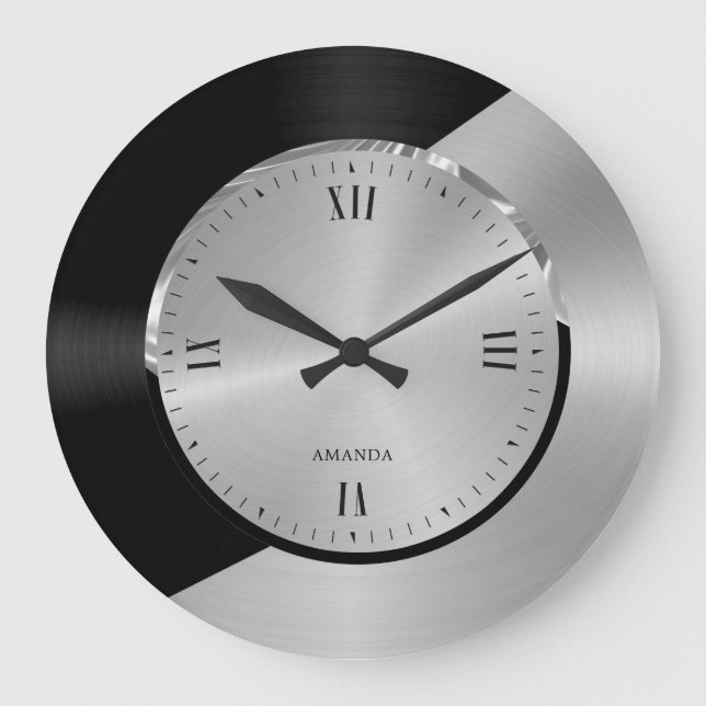 Grande Horloge Ronde Black & Silver Modern Metallic Geometric design (Recto)