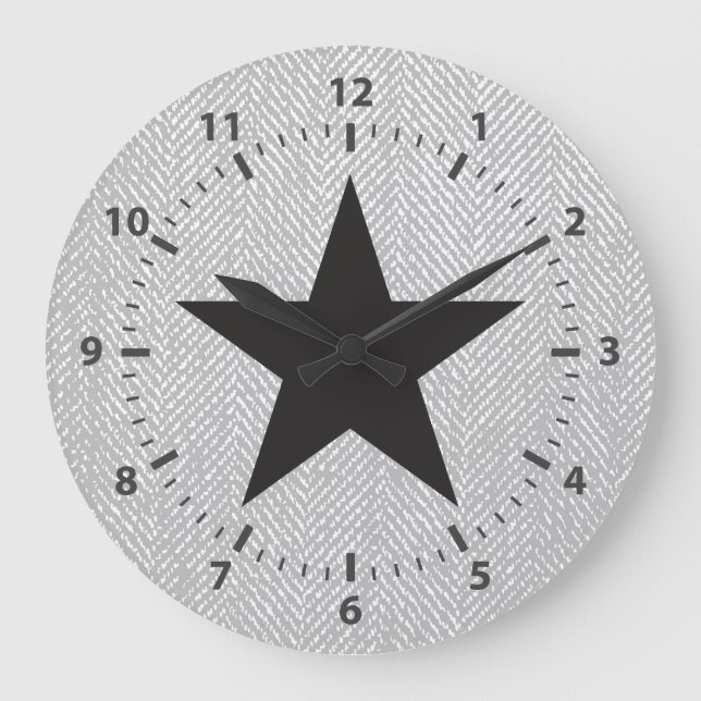 Grande Horloge Ronde Black Star moderne Gris & White Herringbone (Recto)