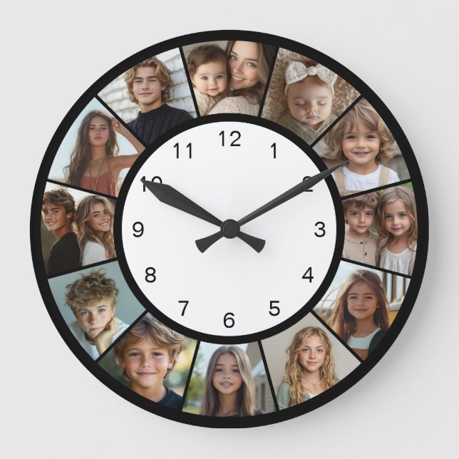 Grande Horloge Ronde Black White 12 Photo Collage Modern  (Recto)