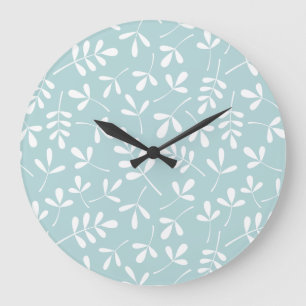 Grande Horloge Ronde Blanc assorti de motif de feuille sur le bleu