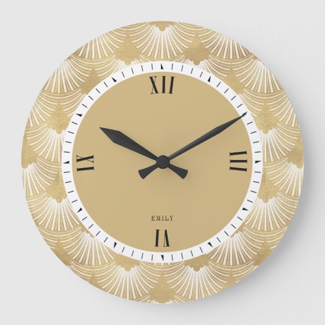 Grande Horloge Ronde Blanc & Faux Gold Motif Art déco (Recto)