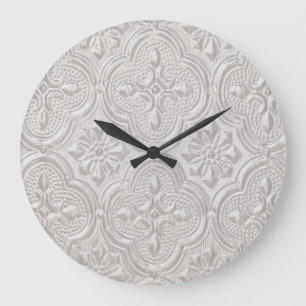 Grande Horloge Ronde Blanc sur motif floral blanc