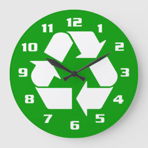 GRANDE HORLOGE RONDE BLANC SUR SYMBOLE DE RECYCLAGE VERT