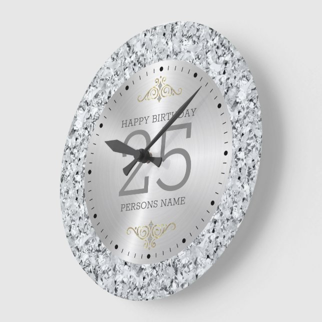 Grande Horloge Ronde Blancs faux diamants 25e anniversaire (Angle)
