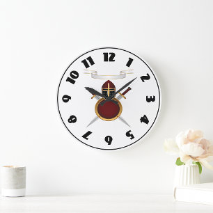 Grande Horloge Ronde Blason de Chevalier Médiéval Casque Épées Bouclier