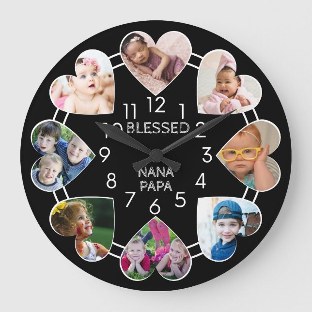 Grande Horloge Ronde Blessed Nana Papa 8 Heart Photo Matrice Black (Recto)