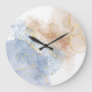 Grande Horloge Ronde Bleu Abstrait, Taupe et Or