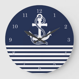 Grande Horloge Ronde Bleu blanc de la marine et Ancre blanche