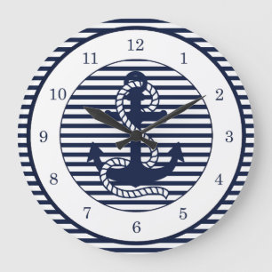Grande Horloge Ronde Bleu blanc de la marine et Ancre bleue