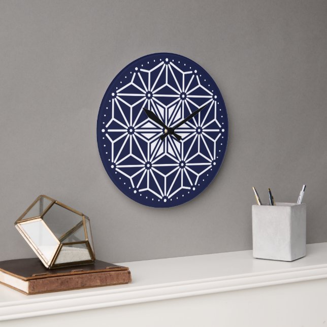 Grande Horloge Ronde Bleu bleu marine Asanoha Japon Motif (Bureau)
