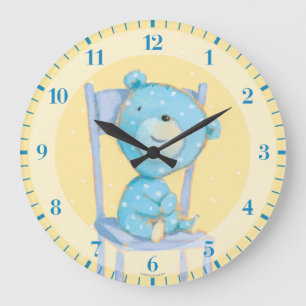 Grande Horloge Ronde Bleu Calico Ours sourire sur la chaise