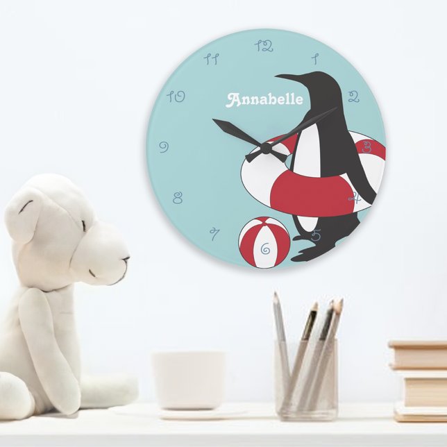 Grande Horloge Ronde Bleu clair Carton Pingouin Baignade Enfants (Créateur téléchargé)