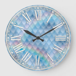 Grande Horloge Ronde Bleu clair et arc-en-ciel et étincelles Dragon Sca