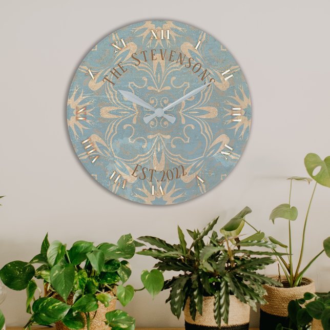 Grande Horloge Ronde Bleu Clair Et Mosaïque Crème Revêtu De Pierre (Créateur téléchargé)