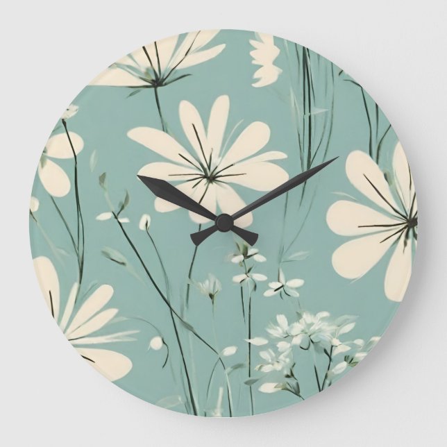 Grande Horloge Ronde Bleu clair Fleurs Super marguerites modernes (Recto)