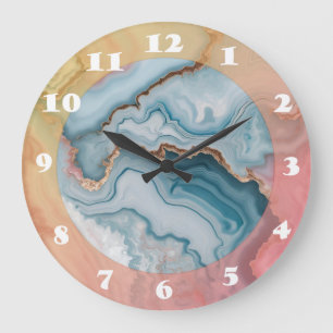 Grande Horloge Ronde Bleu clair rose or Agitation marbre Design moderne