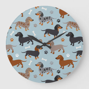 Grande Horloge Ronde Bleu de Dachshund Paws et Bones Motif