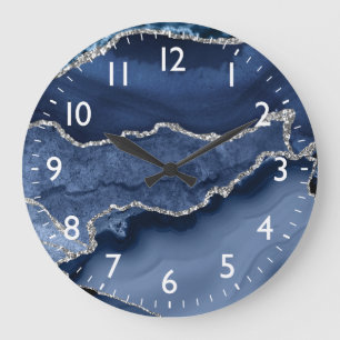 Grande Horloge Ronde Bleu et Faux Parties scintillant en argent Agate e