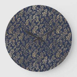 Grande Horloge Ronde Bleu et or Abstrait Art Déco Motif Feuille