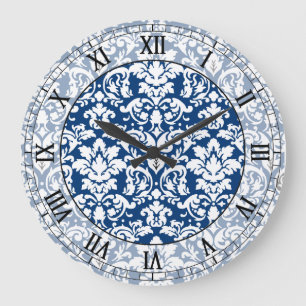 Grande Horloge Ronde bleu foncé et blanc élégant damassé chiffres romai