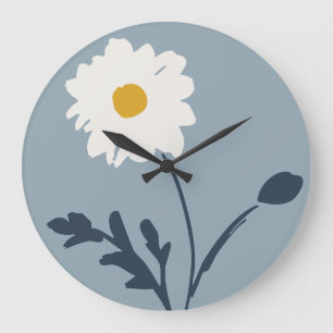 Grande Horloge Ronde Bleu-Français Moderne Fleur de Marguerite Simple