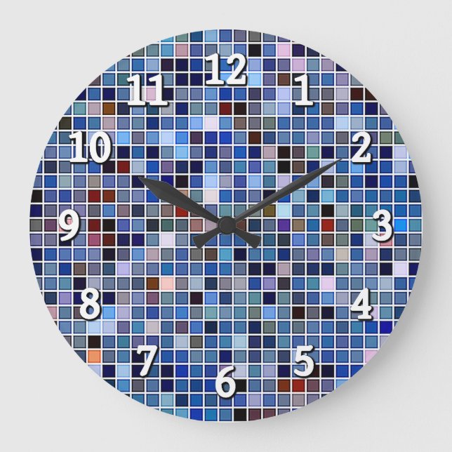 Grande Horloge Ronde Bleu Funky Motif "Carrelage de salle de bain" (Recto)