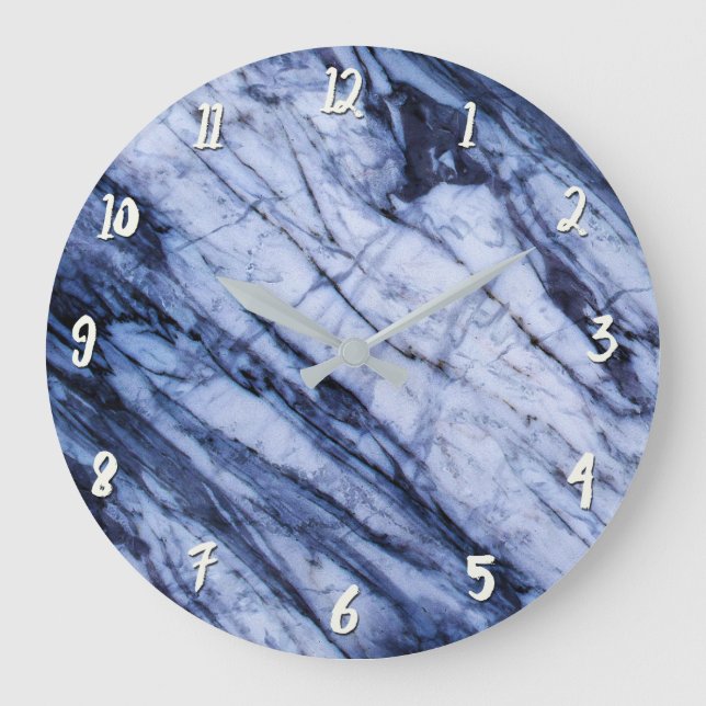 Grande Horloge Ronde Bleu & Marbre blanc Swirl Moderne Chic (Recto)