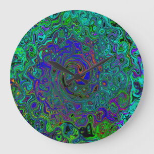 Grande Horloge Ronde Bleu marbré et Aquamarine Abstrait rétro tourbillo