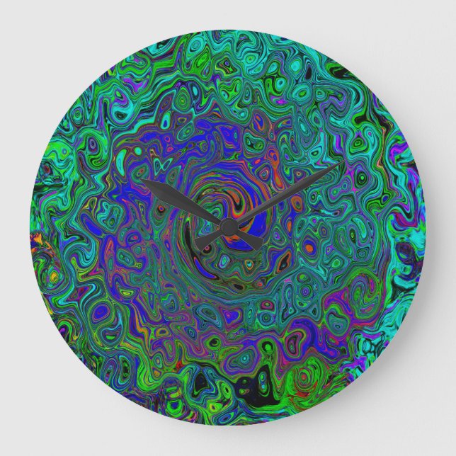 Grande Horloge Ronde Bleu marbré et Aquamarine Abstrait rétro tourbillo (Recto)