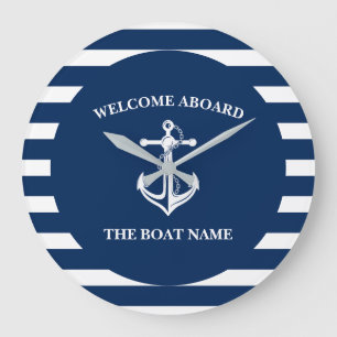 Grande Horloge Ronde Bleu marine nautique Bienvenue à bord Nom du batea