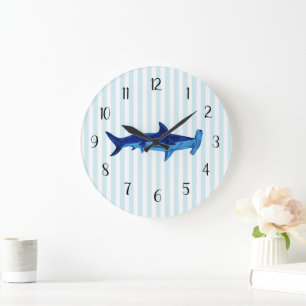 Grande Horloge Ronde Bleu marteau marin requin rayure