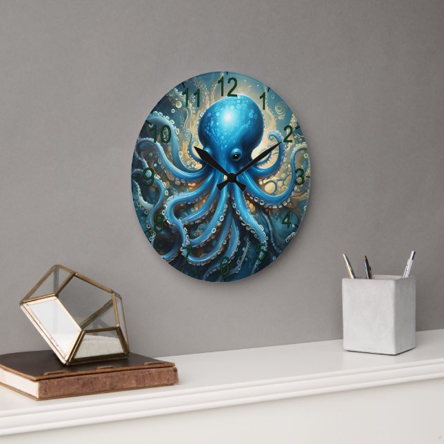 Grande Horloge Ronde Bleu Octopus Acrylique Abstraite, (Bureau)