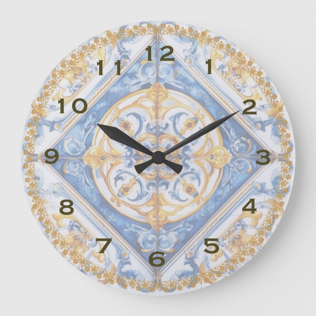 Grande Horloge Ronde Bleu or blanc Talavera Azulejo look cadran (Recto)