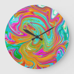 Grande Horloge Ronde Bleu, orange et rose chaud Super Abstrait Rétro
