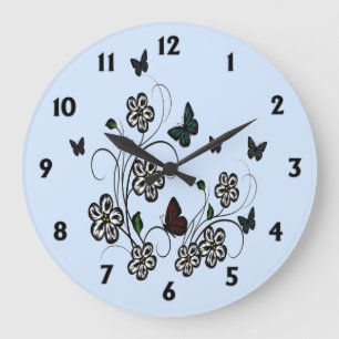 Grande Horloge Ronde Bleu papillon avec chiffres noirs