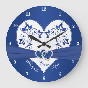 Grande Horloge Ronde Bleu royal, coeur floral blanc heureusement pour