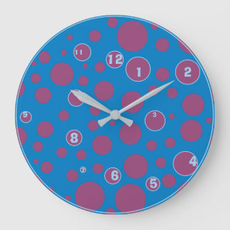 Grande Horloge Ronde Bleu violet Pois Funky Ball Numéros Quirky