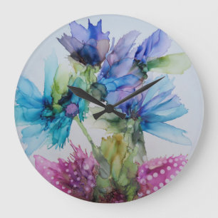 Grande Horloge Ronde Bleu violet rose vert rose Art Floral