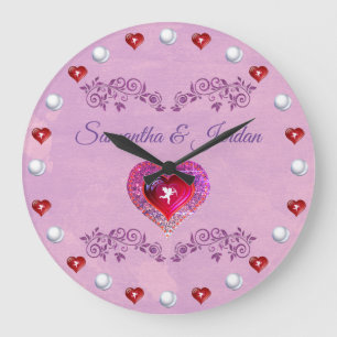 Grande Horloge Ronde Bling Pink Heart & Cherub personnalisé