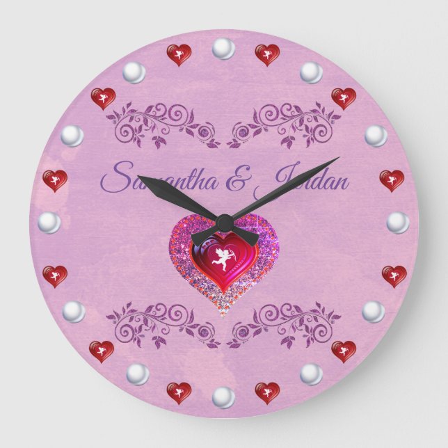 Grande Horloge Ronde Bling Pink Heart et Cherub Personalised (Recto)