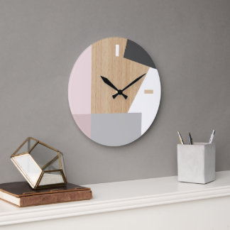 Grande Horloge Ronde Blocs Modernes Art Motif Sur Faux Woodgrain
