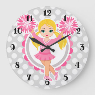 Grande Horloge Ronde Blonde rose de pom-pom girl - acclamation mignonne